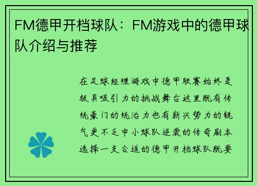 FM德甲开档球队：FM游戏中的德甲球队介绍与推荐