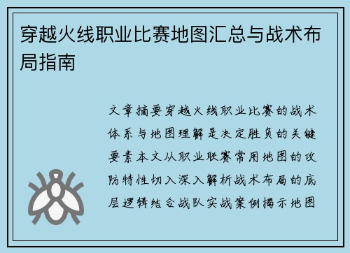 穿越火线职业比赛地图汇总与战术布局指南