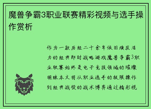 魔兽争霸3职业联赛精彩视频与选手操作赏析