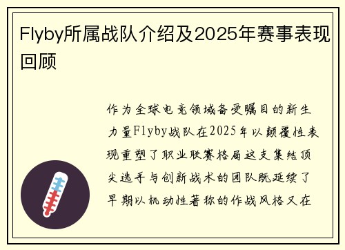 Flyby所属战队介绍及2025年赛事表现回顾